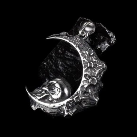 “Skull on the Moon” Regolith Lunar Crater Crescent Celestial Goth Steel Necklace - Picture 13 of 16